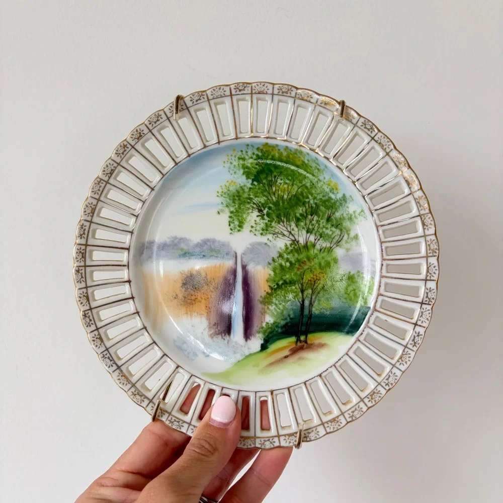 Ucagco China Hand Painted Landscape Plate Reticulated Gold Gilt Japan 7.5 Inch